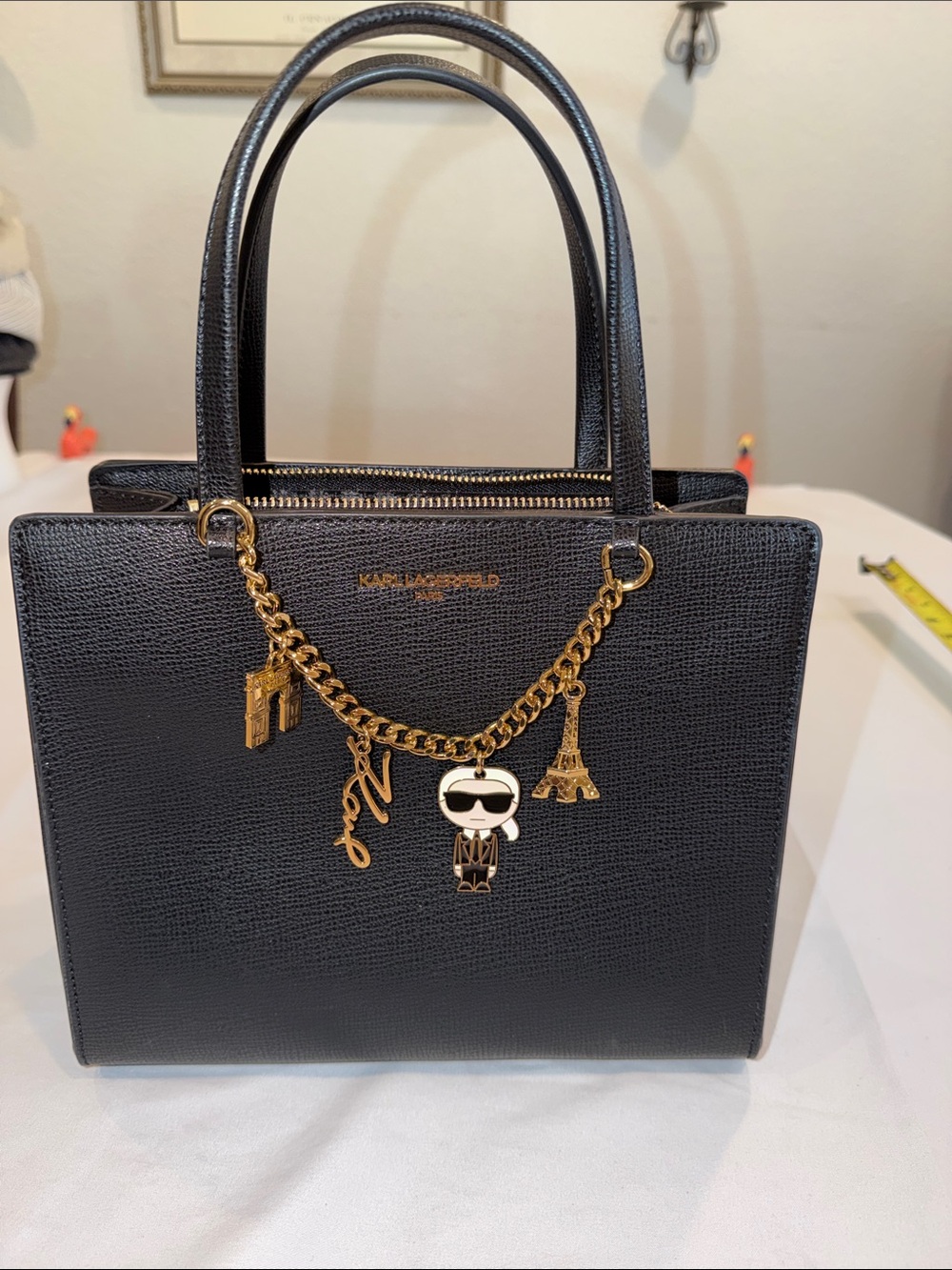 Karl Lagerfeld Maybelle Crossbody Satchel, Ikonik Paris Charms, Black, Gold NWOT
